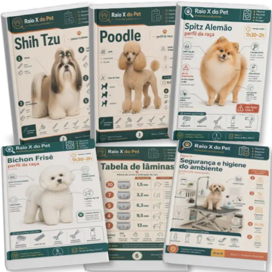 Mockup do Plano Completo: Raio X do Pet com fichas de raça e tabela de lâminas