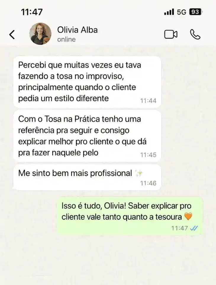 Mensagem de Olivia Alba no WhatsApp sobre o kit Tosa na Prática
