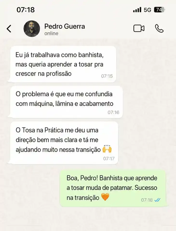 Mensagem de Pedro Guerra no WhatsApp sobre o kit Tosa na Prática