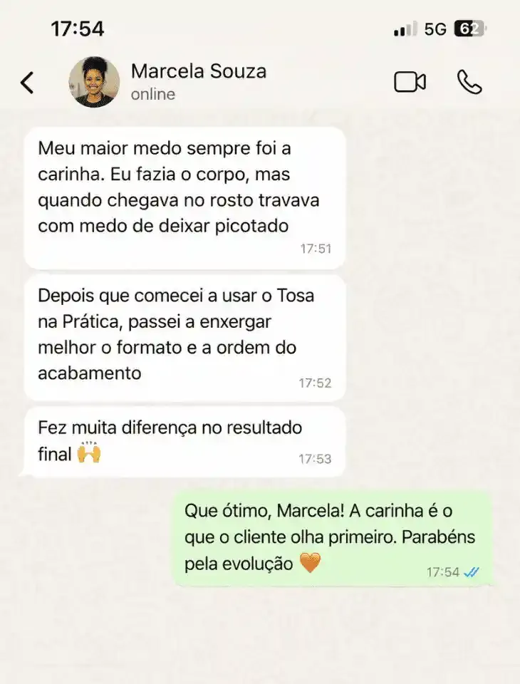 Mensagem de Marcela Souza no WhatsApp sobre o kit Tosa na Prática